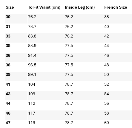 percussion trousers sizes